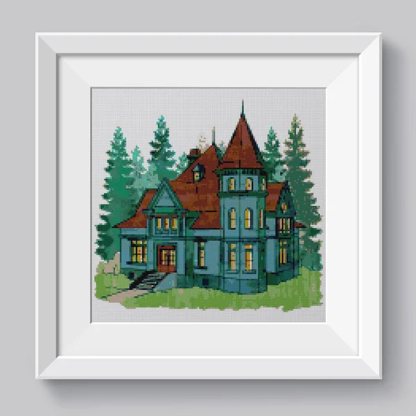 Romantic House Gothic Renaissance Elements Forest Illustration Cross Stitch Embroidery — Stock Photo, Image