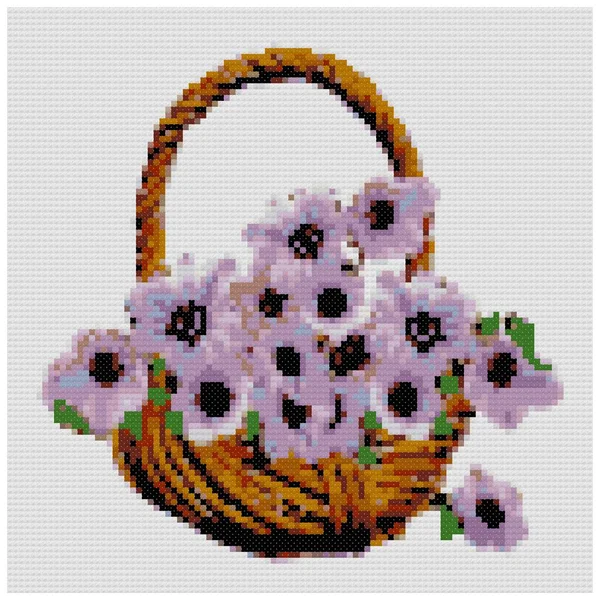 Basket full with anemones. Basket with flowers. . Illustration of cross stitch embroidery. Imitation of knitted canvas structure. Fabric decor, beautiful cross-stitch, embroidered, needlework