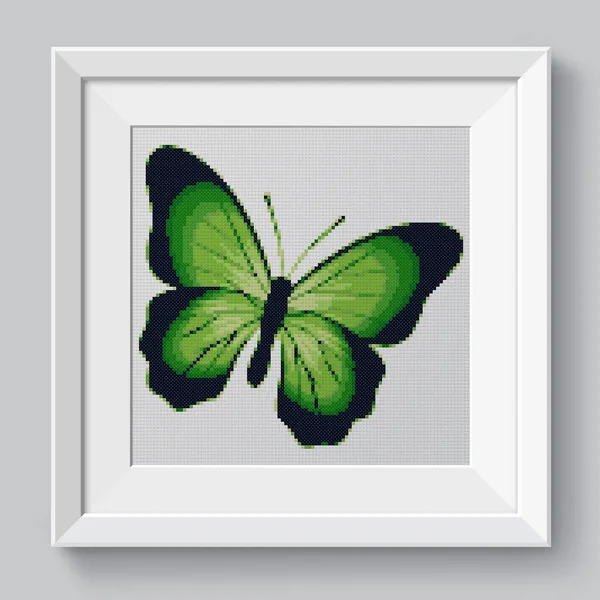 A green Colorful butterfly. Illustration of cross stitch embroidery. Imitation of knitted canvas structure. Framed fabric decor, beautiful cross-stitch, hand embroidered, needlework