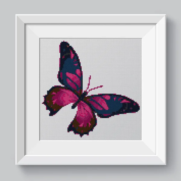 Beautiful Violet Butterfly Illustration Cross Stitch Embroidery Imitation Knitted Canvas — Stock Photo, Image