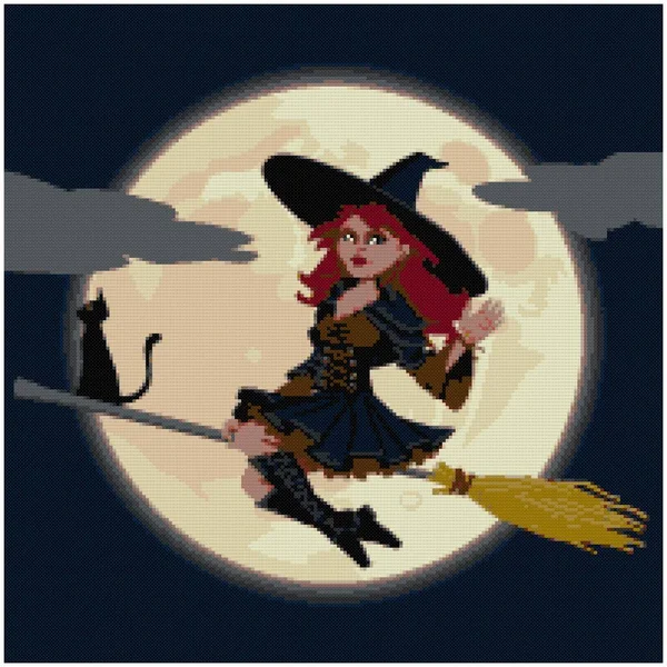 Bruja Halloween Volando Cielo Nocturno Ilustración Bordado Punto Cruz Imitación — Foto de Stock