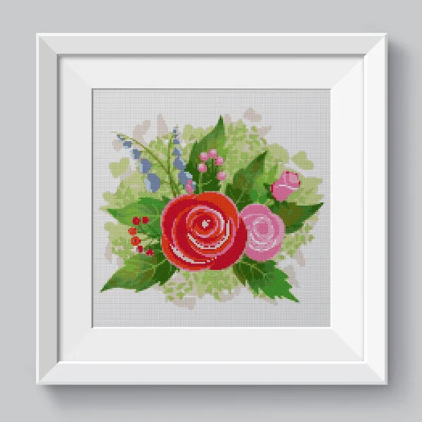 Hermoso Ramo Con Rosas Rojas Hojas Arreglo Floral Ilustración Bordado — Foto de Stock