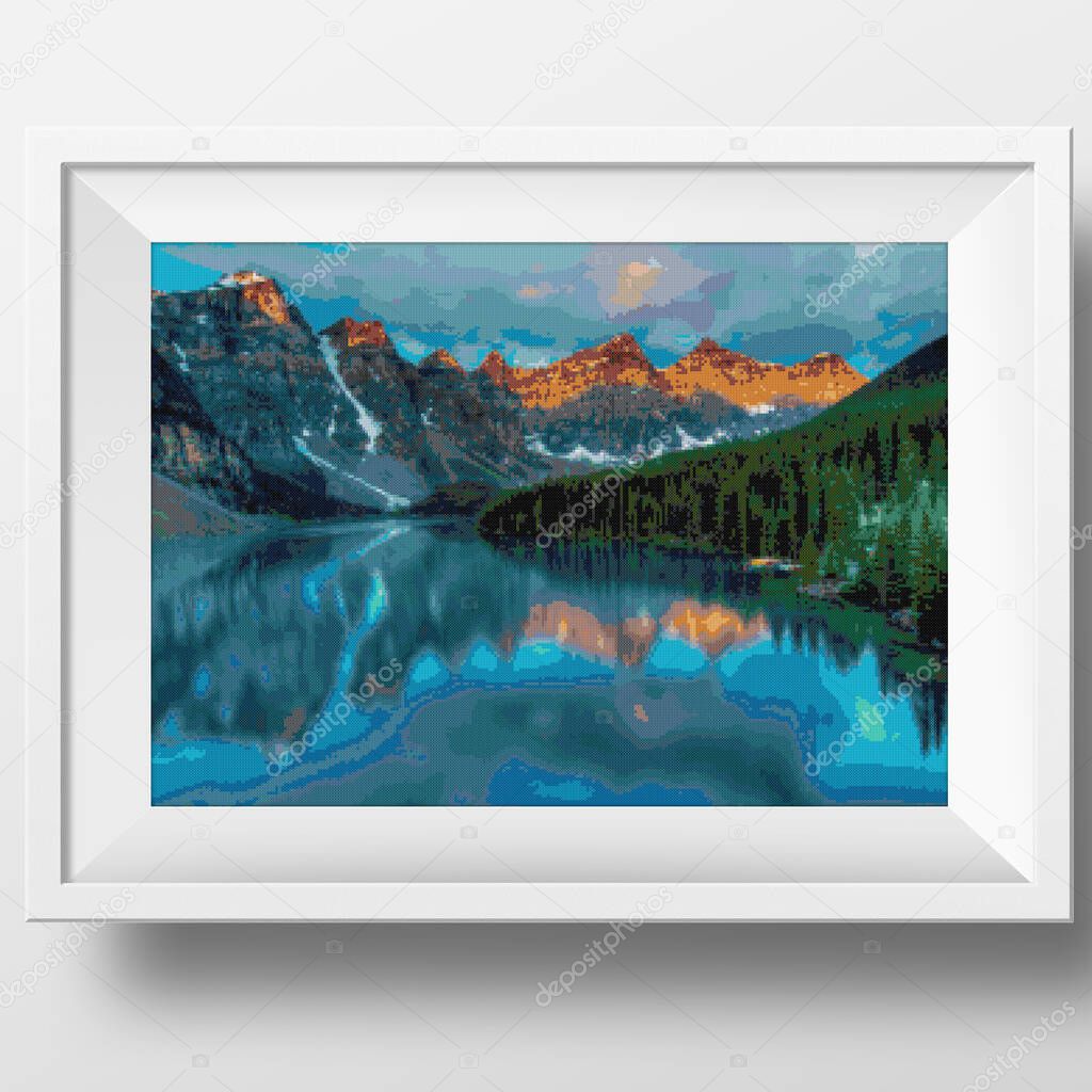 Ten Peaks, Morraine Lake in Banff National Park. Illustration of cross stitch embroidery. Imitation of knitted canvas structure. Fabric decor, beautiful cross-stitch, hand embroidered, needlework