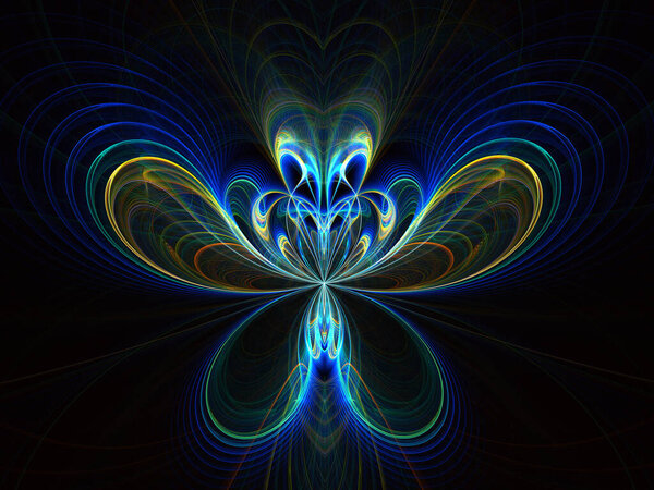 Beautiful fractal flower or butterfly with glowing elements. Abstract fractal symmetrical shapes, digital logarithm for creative graphic, invitations, notebook covers, phone case, postcards, cards
