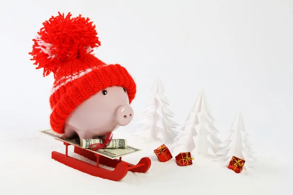 Piggy box with red hat with pompom standing on red sled with blanket from greenback hundred dollars on snow and around are snowbound trees and three gifts with gold bow — Stock Photo, Image