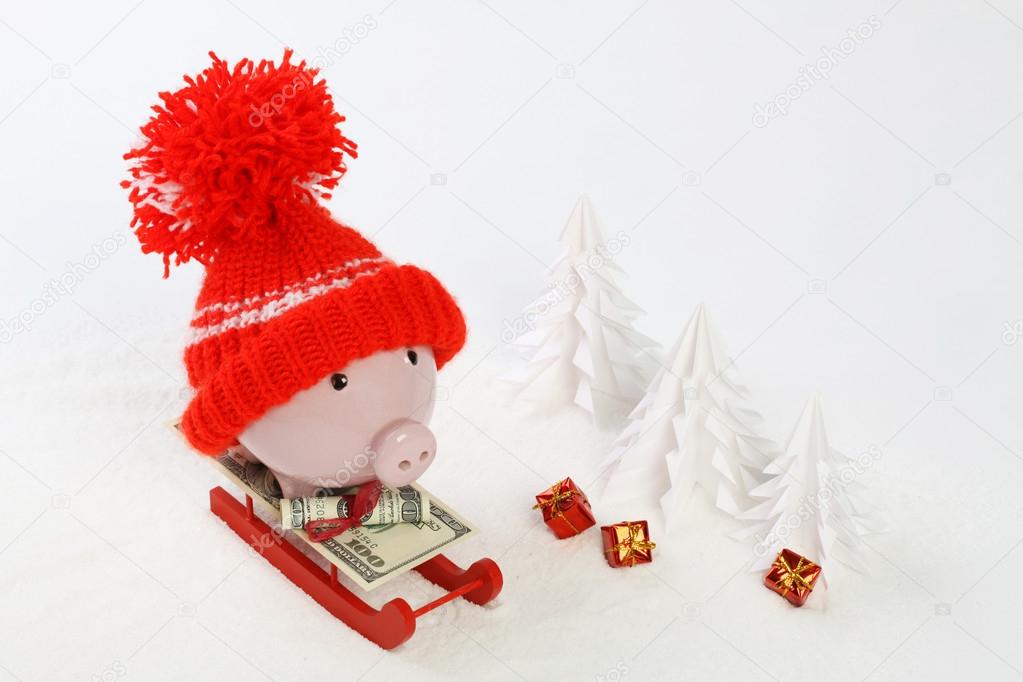 Piggy box with red hat with pompom standing on red sled with blanket from greenback hunderd dollars on snow and around are snowbound trees