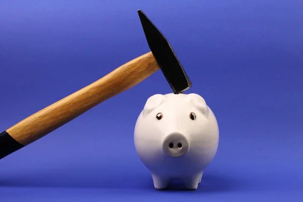 Hammer is raised above a upside down white pink piggy bank on blue background — Stock Photo, Image