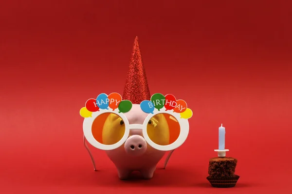 Piggy bank with sunglasses Happy birthday, party hat and birthday cake with blue candle on red background