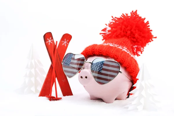 Piggy box with red hat with pompom and sunglasses shape heart with USA flag standing next to red ski and ski sticks on snow and around are snowbound trees — Stock Photo, Image