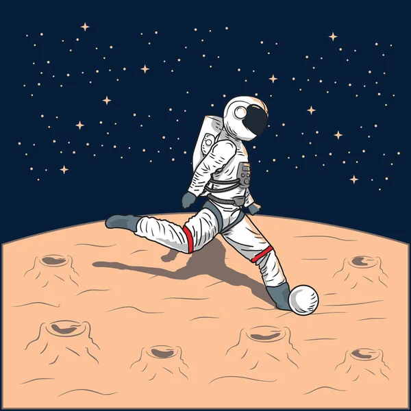 Astronauten Beim Fußball Auf Dem Mond Handgezeichnete Illustration Für Poster — Stockvektor