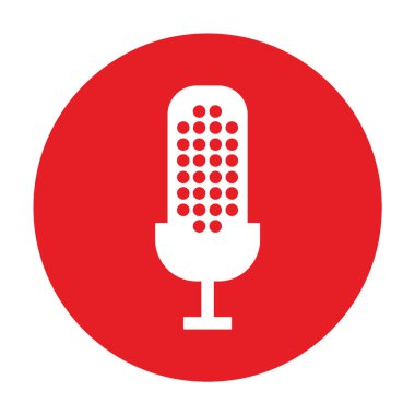 Kırmızı daire arkaplan üzerinde modern nokta mikrofonun silueti - modern nokta mikrofon yayın veya podcast için - modern nokta mikrofon simgesi veya logosu silueti