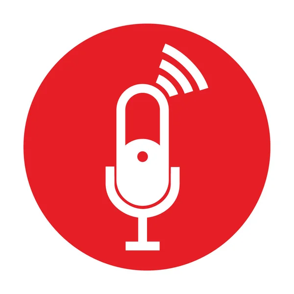 Beyaz siluet bağlantısı mikrofon simgesi kırmızı daire üzerinde izole edildi - yayın veya podcast için bağlantı mikrofon simgesi