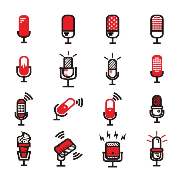 kırmızı, beyaz ve siyah mikrofon çizimleri - yayın veya podcast için ışık ve bağlantı işareti içeren mikrofon çizimleri - beyaz üzerine izole edilmiş kırmızı, beyaz ve siyah mikrofon çizimleri