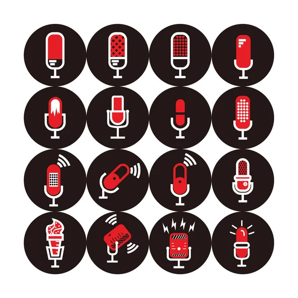 Red White Microphone Illustrations Set Microphone Set Lightning Connection Sign — Stock Vector