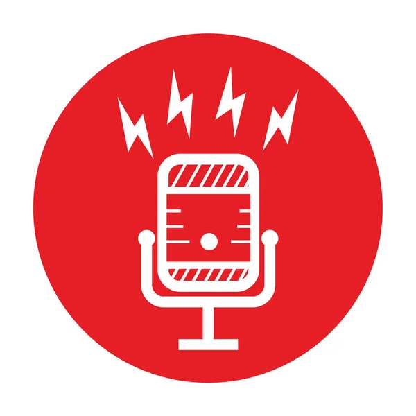 老式轮廓话筒 红色圆形背景上有闪电标志 用于广播或播客标志或图标 免版税图库矢量图片