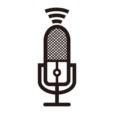 Podcast mikrofon silueti bağlantıları veya sinyal işareti ile yayın, müzik simgesi, vb - bağlantı veya sinyal işareti logosu veya simgesi olan podcast mikrofonun silueti - bağlantı veya sinyal ile podcast mikrofonun silueti çizgisi