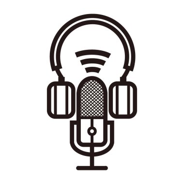 Podcast mikrofon silueti ve bağlantıları olan kulaklık veya yayın, müzik simgesi, vb - Podcast mikrofon silueti ve bağlantıları veya işaret logosu veya beyaz üzerine izole edilmiş sinyal simgesi