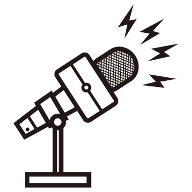 Haber spikeri, haber spikeri, haber sunucusu, televizyon veya bilgi sızdırma haberleri için ışık ve ışık işareti içeren kare yayın mikrofonunun silüeti, vs. Beyaz üzerinde durduğu ve şimşek işareti olan kare yayın mikrofonu