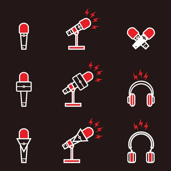 Microfone Transmissão Vermelho Branco Fone Ouvido Com Sinal Relâmpago Para — Vetor de Stock