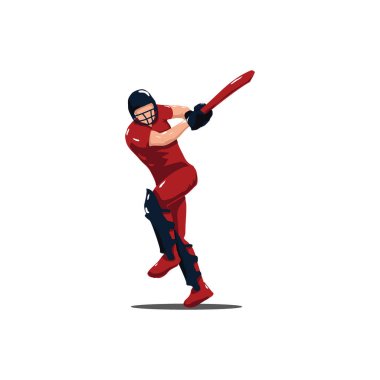 Kriket atleti tüm gücüyle sahada sallanıyor. Sporcu adam kriket sopasını güçlü bir şekilde beyaza doğru sallıyor.