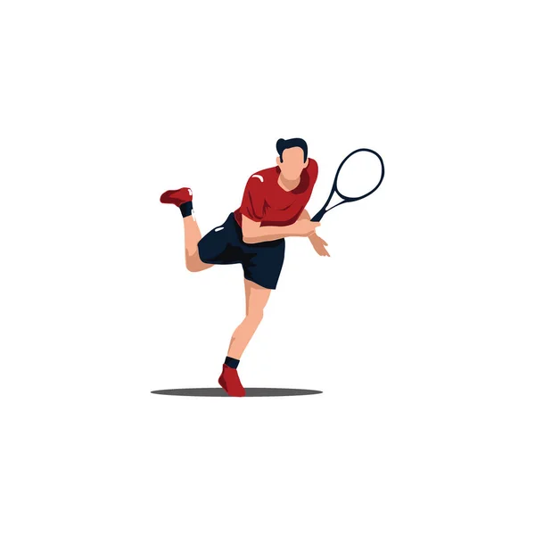 Spor adamı tenis raketini sallayarak topa vurur. Tenis atleti, beyazlar içinde izole edilmiş çizgi filmi ezer.