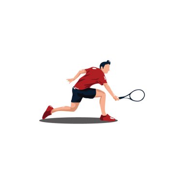 Sporcu adam topu almak için tenis raketini geriye doğru salladı. Tenis atleti raketi geriye doğru salladı ve beyaz üzerine izole edilmiş top karikatürünü aldı.