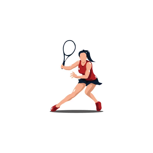 Spor kadını tenis raketini sallıyor. Tenis atleti çizgi filmi beyaza izole edilmiş.