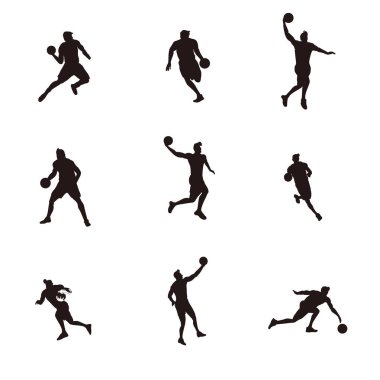 silhouette illustrations cartoon set of man playing basket ball game - silhouette illustrations set of basket ball player isolated on white