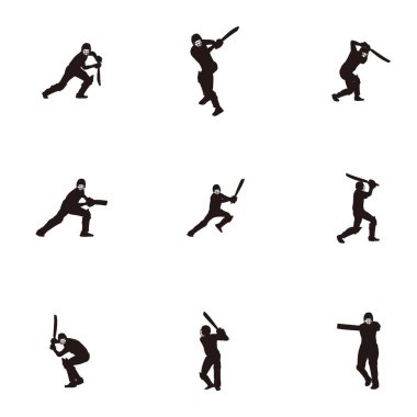 sport man hit the ball on cricket game silhouette set - cricket athlete silhouette set hit the ball isolated on white
