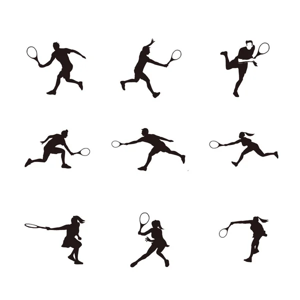 Mann Oder Frau Sportler Schwingen Ihren Tennisschläger Silhouette Set Tennis — Stockvektor