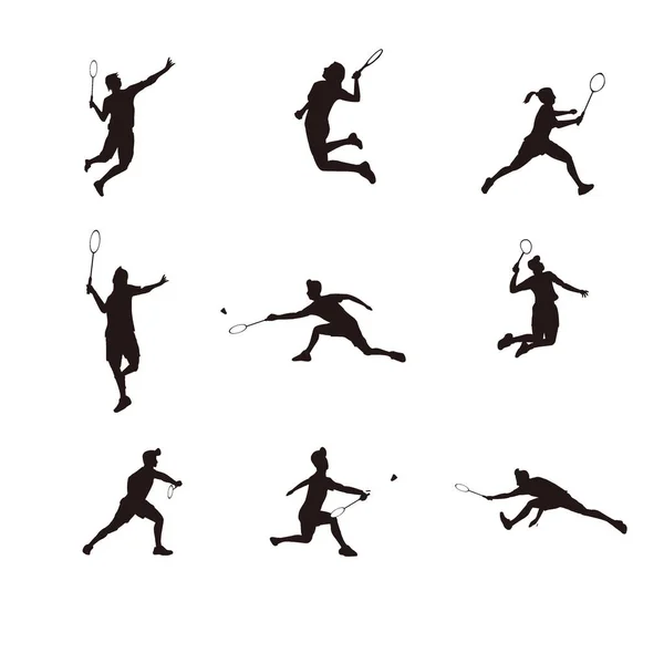 sport man and women athlete are playing badminton silhouette set isolated on white