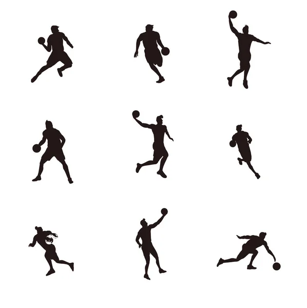 Silhouette Illustrationen Cartoon Set Von Mann Spielt Basketballspiel Silhouette Illustrationen — Stockvektor