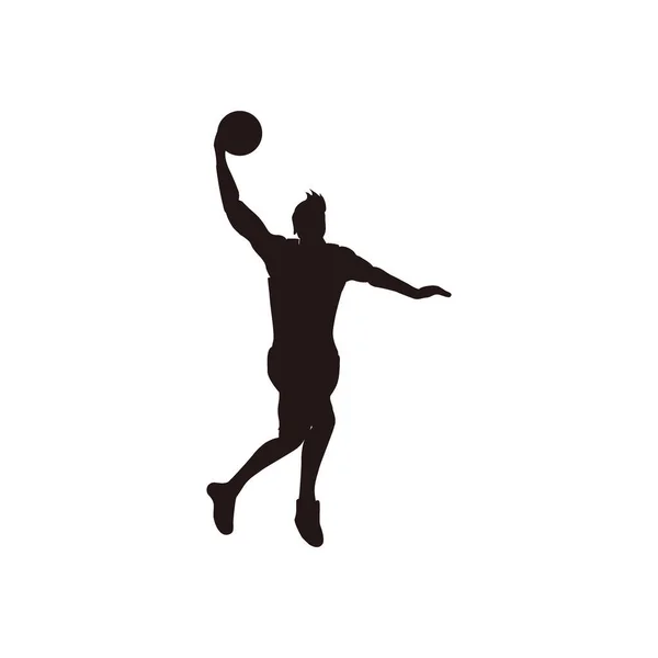 Silhouette Homme Sport Faisant Dunk Slam Sur Jeu Basket Ball — Image vectorielle