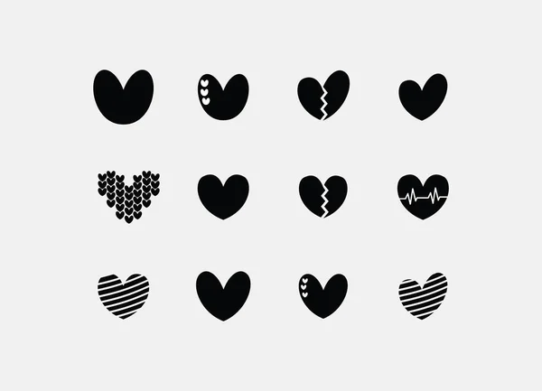 Silueta Conjunto Iconos Corazón Silueta Lindo Logotipo Amor Signo Conjunto — Vector de stock