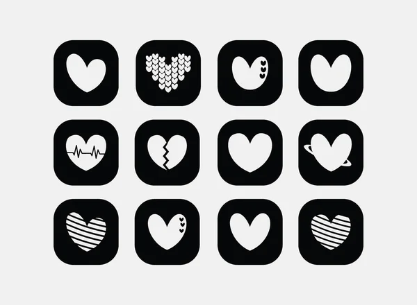 Silhouette Heart Icon Set Black Square Love Logo Icon Sign — 图库矢量图片