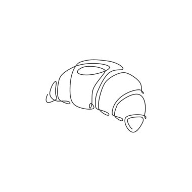 Tatlı, çevrimiçi kruvasan dükkanının logo vektör illüstrasyonunun tek bir çizimi. Kahvaltı kafesi menüsü ve restoran rozeti konsepti. Modern sürekli çizgi tasarım gıda mağaza logosu