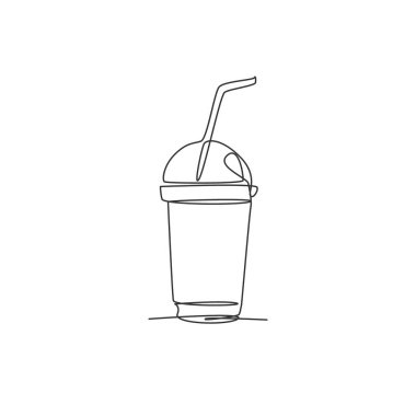 Plastik bardak logosu üzerine taze, lezzetli, yumuşak bir içecek çizimi. Şekerli içecek kafe logoti şablon konsepti. Modern tek çizgi çizimi tasarım vektör çizimi