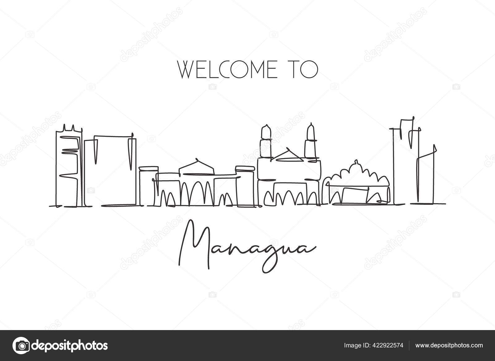 Desenho Linha Contínua Única Skyline Manágua Nicarágua Famosa Paisagem  Raspador Vetor de ©SimpleLine 422922574, image size:1600x1167