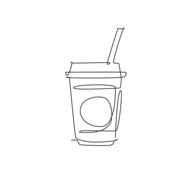 Plastik cam logo grafik çizimi üzerine tek bir çizim. Kafe menüsü ve restoran rozeti sanat konsepti. Modern sürekli çizgi tasarım sokak yiyecekleri logosu