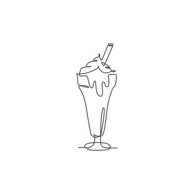 Gofret logo vektör illüstrasyonlu taze milkshake 'in tek çizgi çizimi. Kafe menüsü ve restoran rozeti konsepti için. Modern sürekli çizgi tasarım sokak yiyecekleri logosu