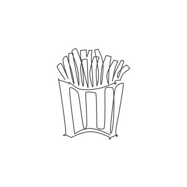Patates kızartması dükkanının logo etiketinin aralıksız çizimi. Fast food restoranının amblemi. Kafe, dükkan veya yemek dağıtım servisi için modern bir çizim çizimi tasarım vektör ilüstrasyonu
