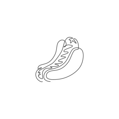 Lezzetli bir Amerikan hot dog restoranının ambleminin kesintisiz çizimi. Fast food hotdog kafe logoti şablon konsepti. Modern tek çizgi çizim vektör tasarımı grafik çizimi