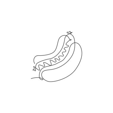 Taze Amerikan sosisli logosunun tek çizgi çizimi grafik vektör çizimi. Fast food sandviç kafe menüsü ve restoran rozeti konsepti. Modern sürekli çizgi tasarım sokak yiyecekleri logosu