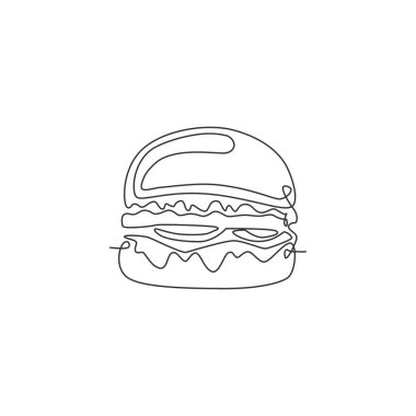 Amerikan Burger Logosu 'nun kesintisiz tek çizgi çizimi. Fast food sandviç restoranının amblemi. Kafe, dükkan veya yemek dağıtım servisi için modern bir çizim çizimi tasarım vektör ilüstrasyonu