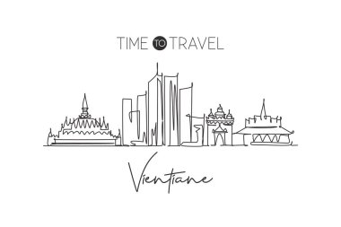 Vientiane şehrinin siluetini çizen tek bir çizgi Laos. Dünya tarihi şehir peyzajı kartpostalı. Tatil için en iyi yer. Düzenlenebilir vuruş eğilimi sürekli çizgi çizim vektör çizimi illüstrasyonuName