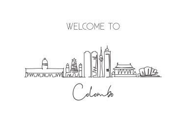Colombo şehrinin siluetini çizen kesintisiz bir çizgi, Sri Lanka. Güzel bir kartpostal. Dünya manzara turizmi tatili. Düzenlenebilir tek çizgi çizimi tasarım vektörü illüstrasyonuName