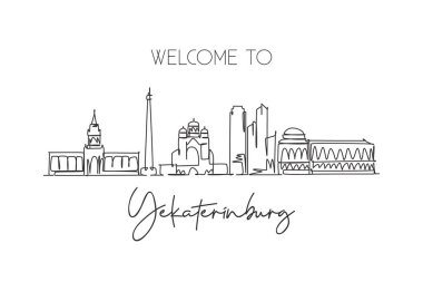 Sürekli olarak Yekaterinburg şehrinin silueti Rusya 'yı çekiyor. Güzel bir kartpostal. Dünya manzara turizmi tatili. Düzenlenebilir tek çizgi çizimi tasarım vektörü illüstrasyonuName