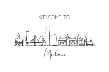 İsveç 'in Malmö şehrinin siluetinin kesintisiz bir çizimi. Güzel bir kartpostal. Dünya turizmi ve seyahat tatili. Düzenlenebilir tek çizgi çizimi tasarım vektörü illüstrasyonuName