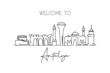 Türkiye 'nin Antalya şehrinin siluetini çizen tek bir çizgi. Dünya tarihi şehir manzarası. Tatil için en iyi yer kartpostal. Düzenlenebilir vuruş eğilimi sürekli çizgi çizim vektör çizimi illüstrasyonuName
