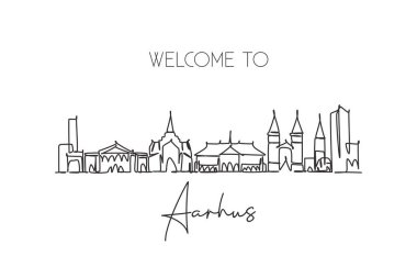 Aarhus şehrinin siluetini çizen tek bir çizgi, Danimarka. Dünya tarihi şehir peyzajı kartpostalı. Tatil için en iyi yer. Düzenlenebilir vuruş eğilimi sürekli çizgi çizim vektör çizimi illüstrasyonuName